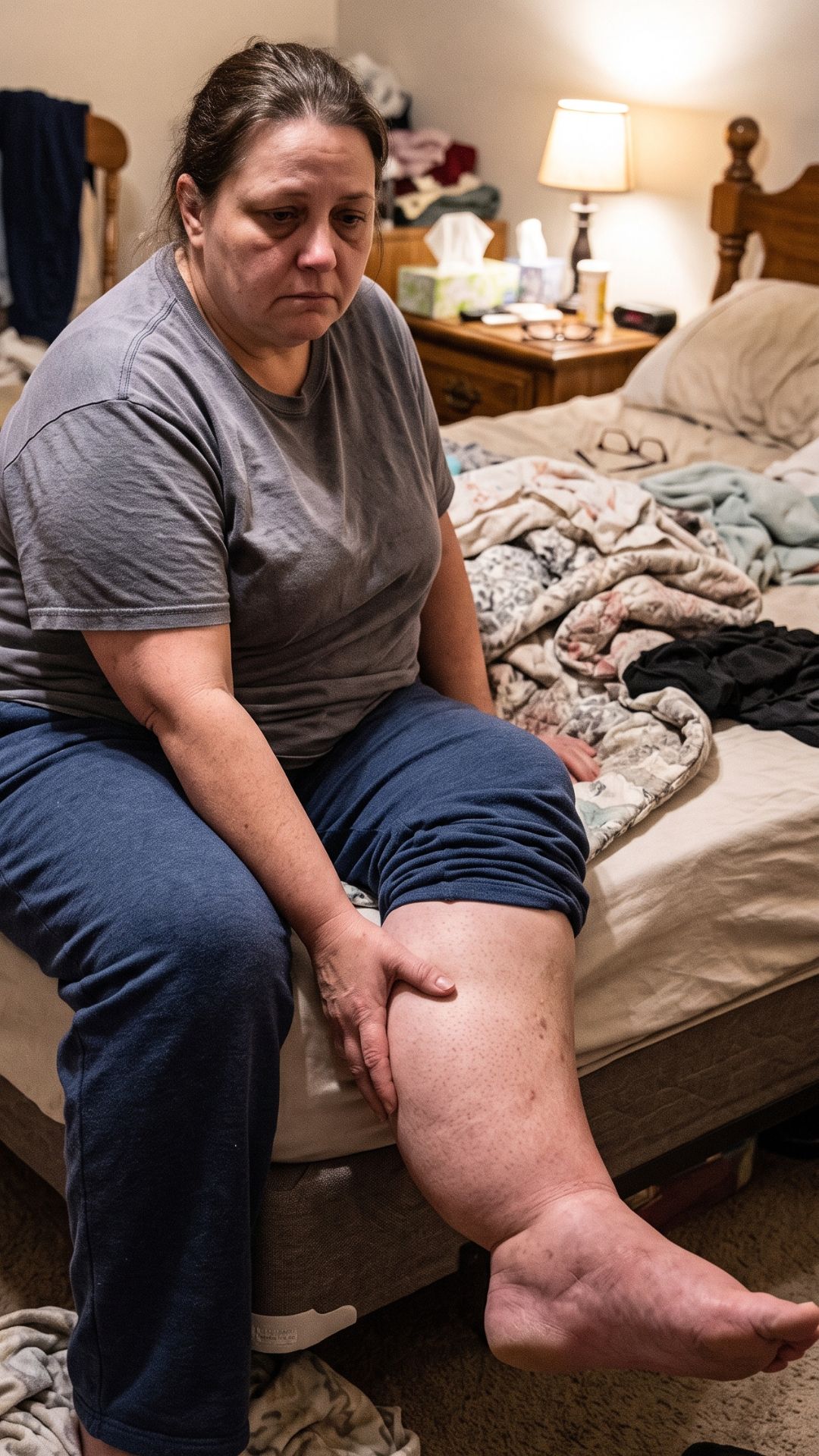 Woman sitting on a bed pressing her fingers into a swollen lower leg and ankle from fluid retention
