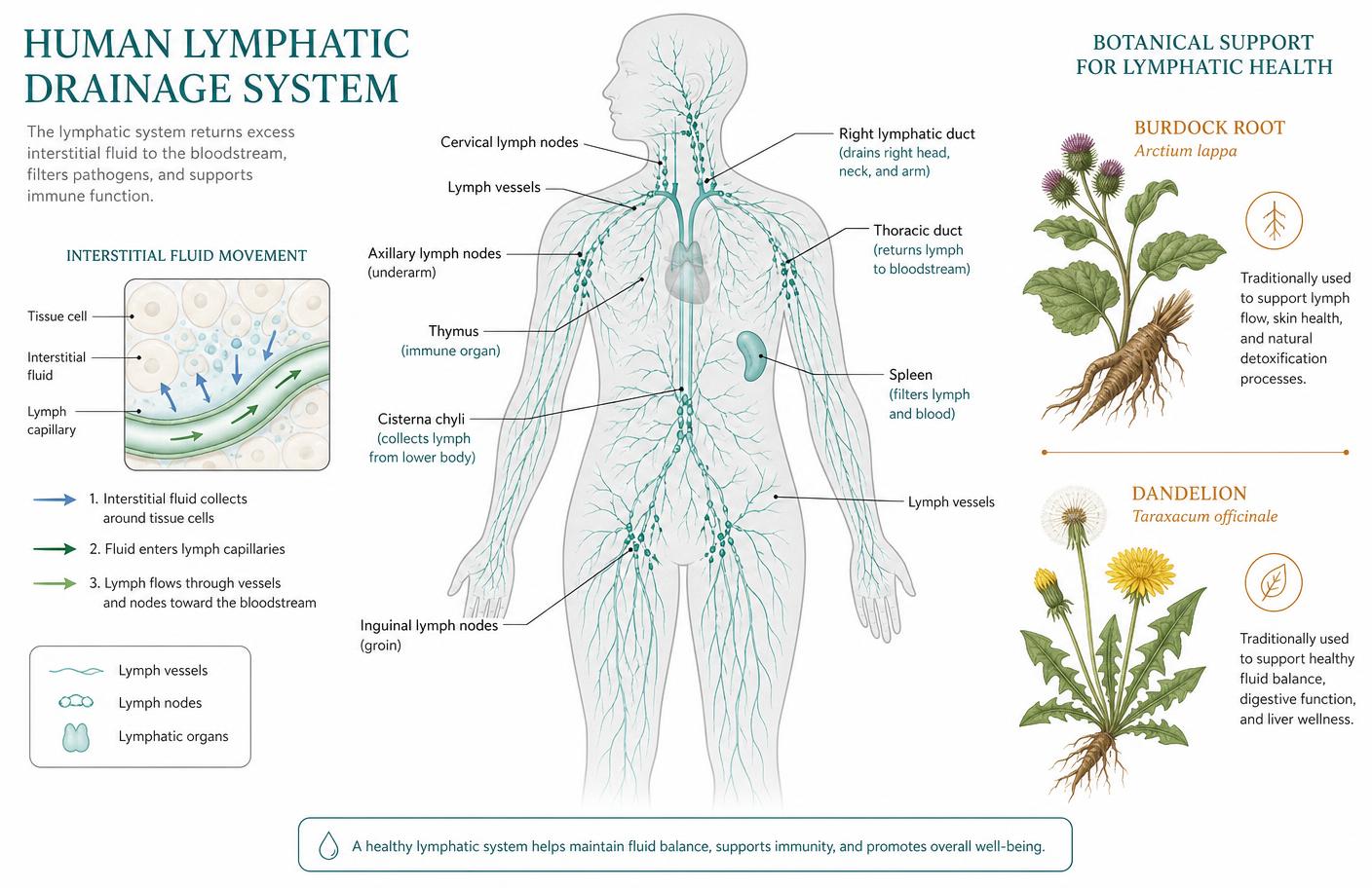 Diagram of the human lymphatic drainage system, interstitial fluid movement and the botanicals burdock root and dandelion
